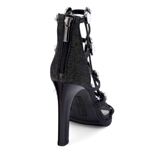 Karl Lagerfeld Paris Cagey Heels Black Leather Silver Pearls Tried on - Picture 3 of 5